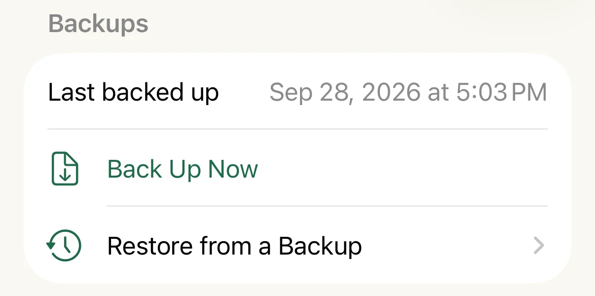 The Backups section of Keepbook's settings. Last backed up Sep 28, 2026 at 5:03 PM, with buttons for Back Up Now and Restore from a Backup.