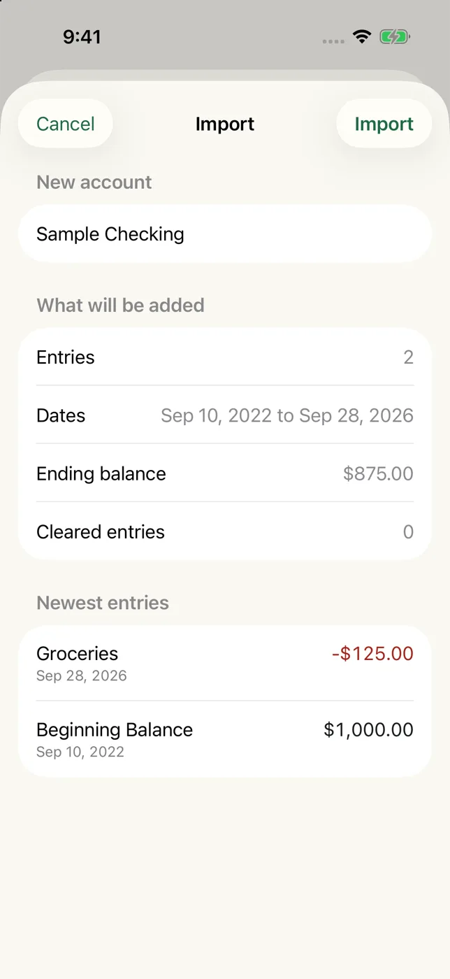 The Import screen. It shows the new account name, the number of entries, the date range and the ending balance before anything is saved.