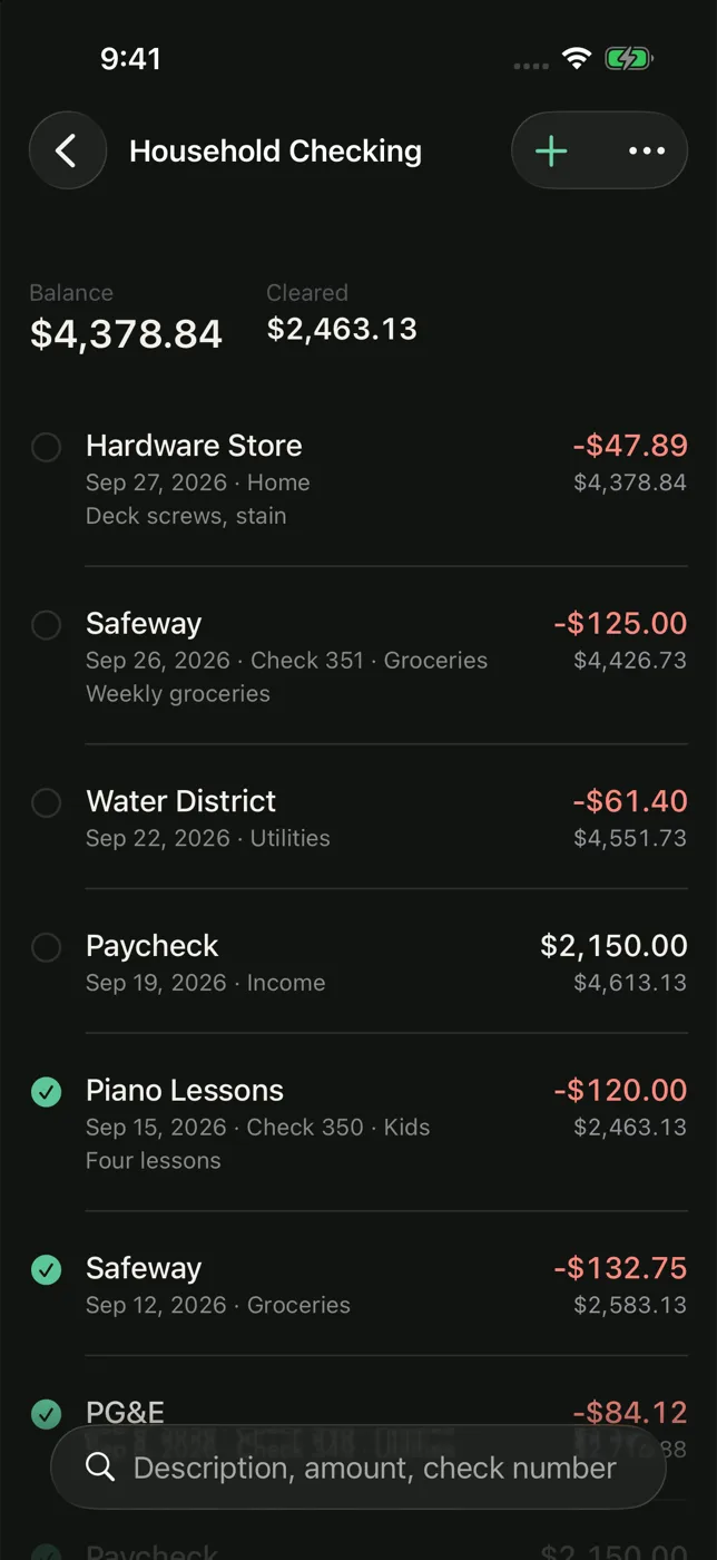 The Keepbook register in dark mode. The same Household Checking entries on a near-black background, with payments in a lighter red.