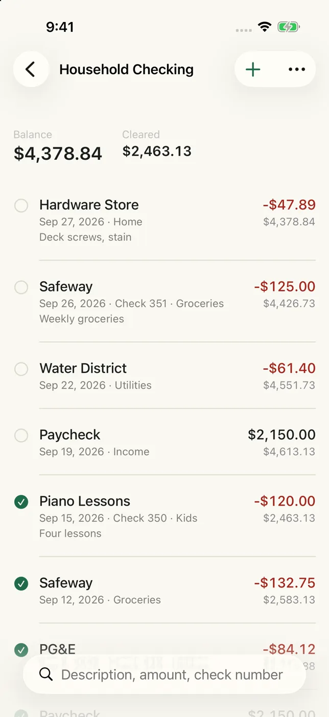 The Keepbook register for Household Checking. Balance $4,378.84, cleared $2,463.13, and a list of entries, each with its date, category, amount and running balance.